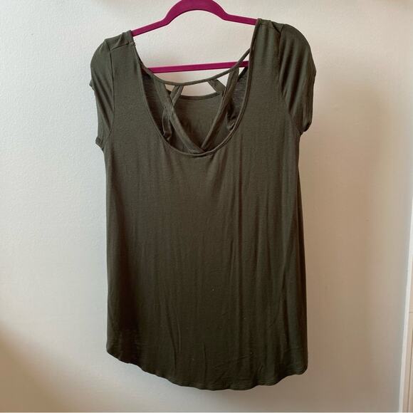 Alya Women's Olive Forest Green Babydoll Graphic Tunic Criss Cross Back Size S - Picture 8 of 8